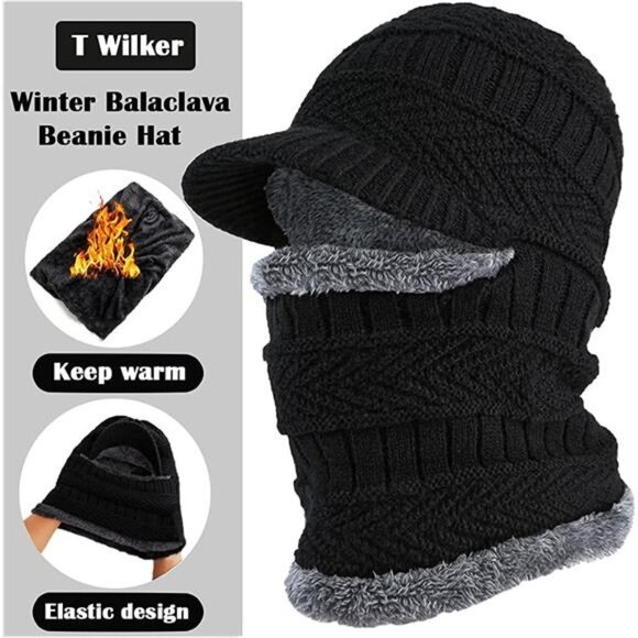 Kids Winter Knit Beanie Balaclava Hat Thermal Ski Mask Cap, Black - Picture 2 of 6